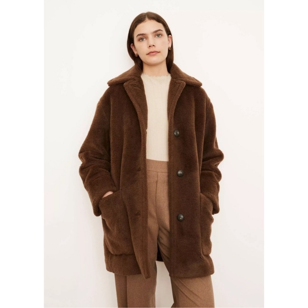 Vince Womens Faux Fur Car Coat in Bark NWT Large‎